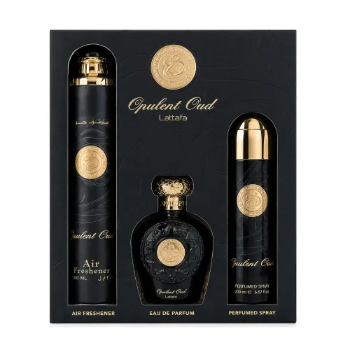 Set Cadou Lattafa Opulent Oud – Eau de Parfum 100 ml + Perfumed Spray 200 ml + Air Freshener 300 ml