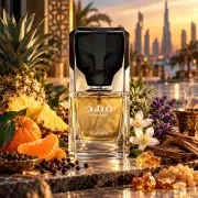 Lattafa Fahad cu ananas, mandarina, piper negru, lavanda si tamaie, pe fundal Dubai