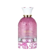 Lattafa Petra Viola apa de parfum pentru femei 100 ml, flacon roz, fundal alb