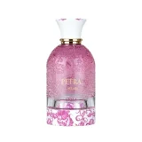 Lattafa Petra Viola apa de parfum pentru femei 100 ml, flacon roz, fundal alb