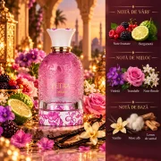 Notele olfactive Lattafa Petra Viola: note fructate bergamota violeta trandafir vanilie mosc alb lemn de santal