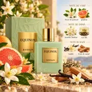Notele olfactive Rayhaan Equinox: floare de portocal grepfrut iasomie Sambac ceai alb vanilie lemn de santal