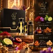 Set Lattafa Teriaq Intense cu notele olfactive sofran bergamota lichior de pruna scortisoara ambra tonka
